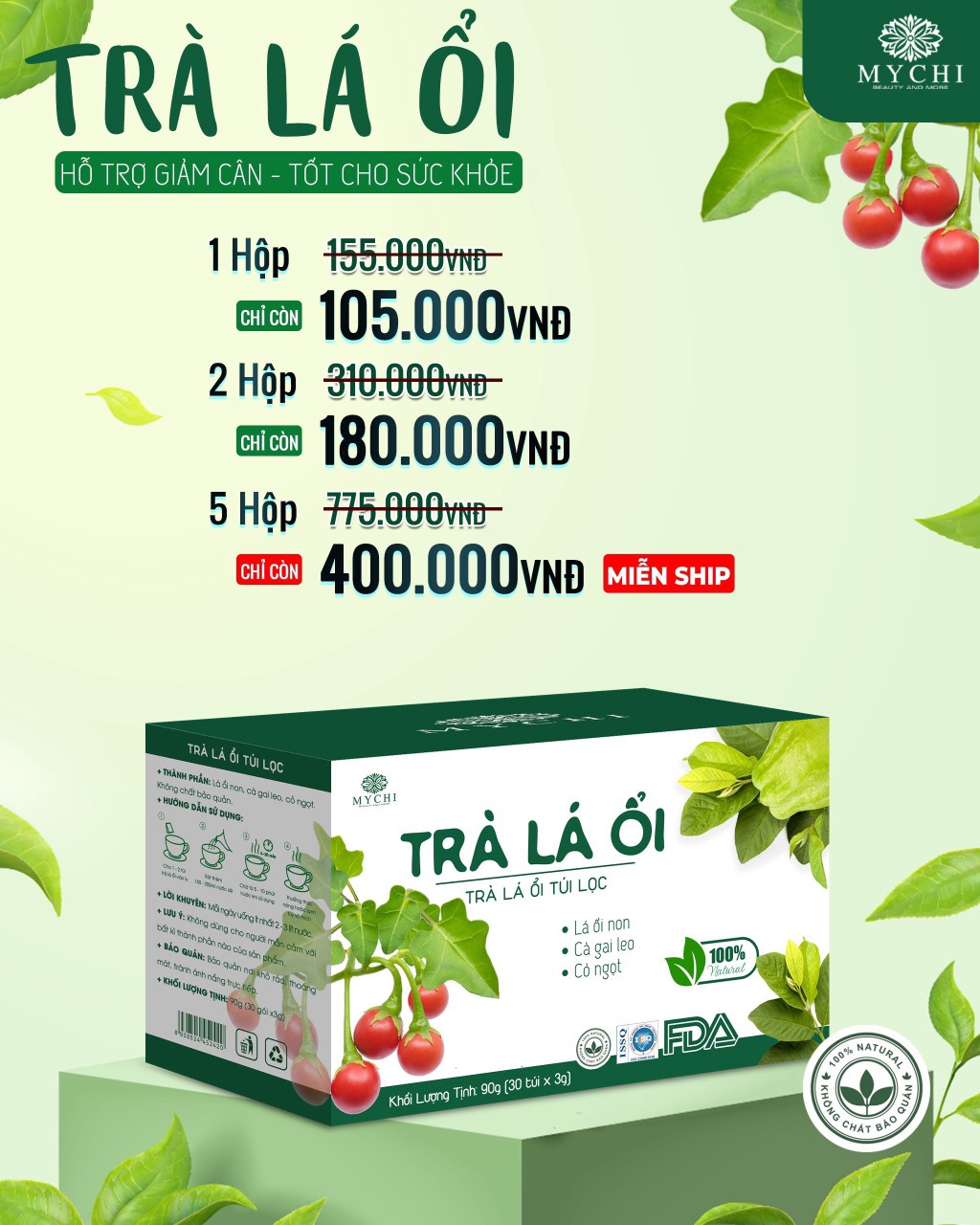 Giá Sỉ 5 hộp Trà Lá Ổi Mychi - giảm cân, Tiêu Mỡ, ngừa mỡ máu