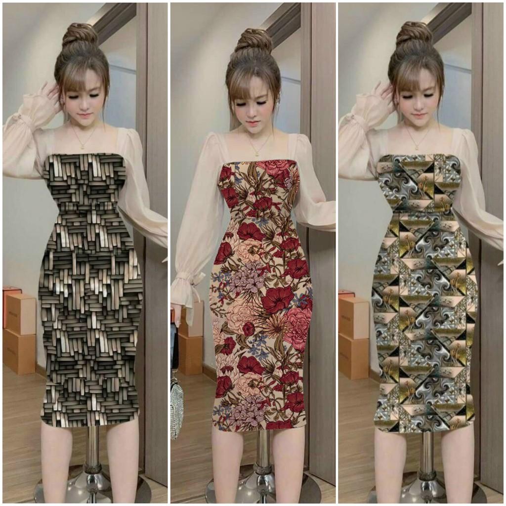 Đầm body dài hoạ tiết phối tay voan sang trọng