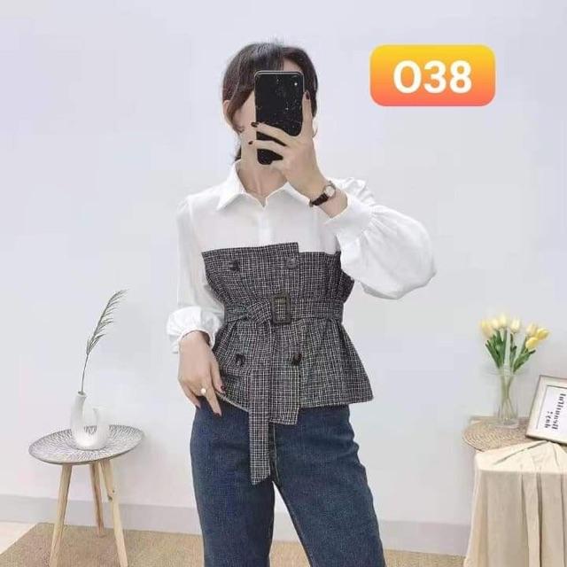 Áo sơ mi thắt eo phối kẻ chất đẹp (có ảnh thật)