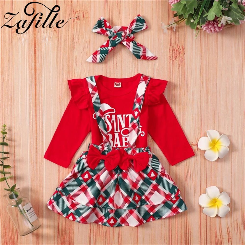ZAFILLE Bé Gái Giáng Sinh Quần Áo Đỏ Áo Liền Quần Bodysuit + Nơ Kẻ Sọc Váy Của Tôi Mới Đầu Tiên Năm Trang Phục Cho Bé Giáng Sinh Trang Phục