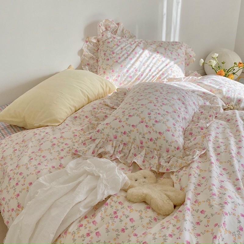 Bộ Chăn Ga Cotton 100% Phong Cách Hàn vintage Hàng Nhập Khẩu Cao Cấp 4 Món