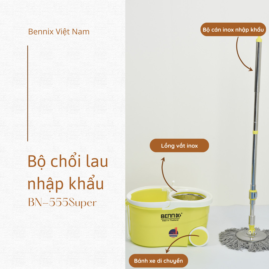 Bộ Chổi Lau Nhà Nhập Khẩu Lồng Inox Xoay 360 Độ Bennix BN555WA/ BN555 SUPER Bảo Hành 12 Tháng Kèm Thùng Có Bánh Xe- Hàng Chính Hãng