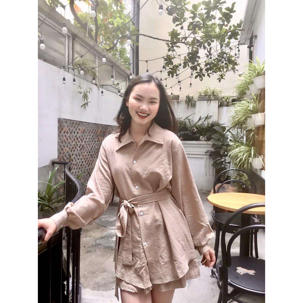 Sét Áo Sơ Mi Nữ Trắng Nâu Và Chân Váy Tennis Áo Sơ Mi Nữ Trắng Nâu Cột Eo Và Chân Váy Trắng