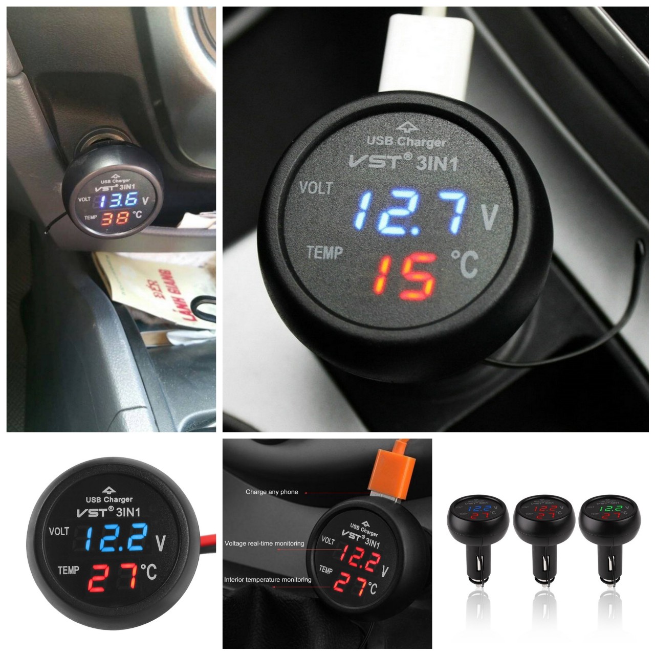Tẩu sạc điện thoại ô tô 3in1 kèm đồng hồ đa năng báo nhiệt độ báo vôn ắc quy loại tốt mẫu mới