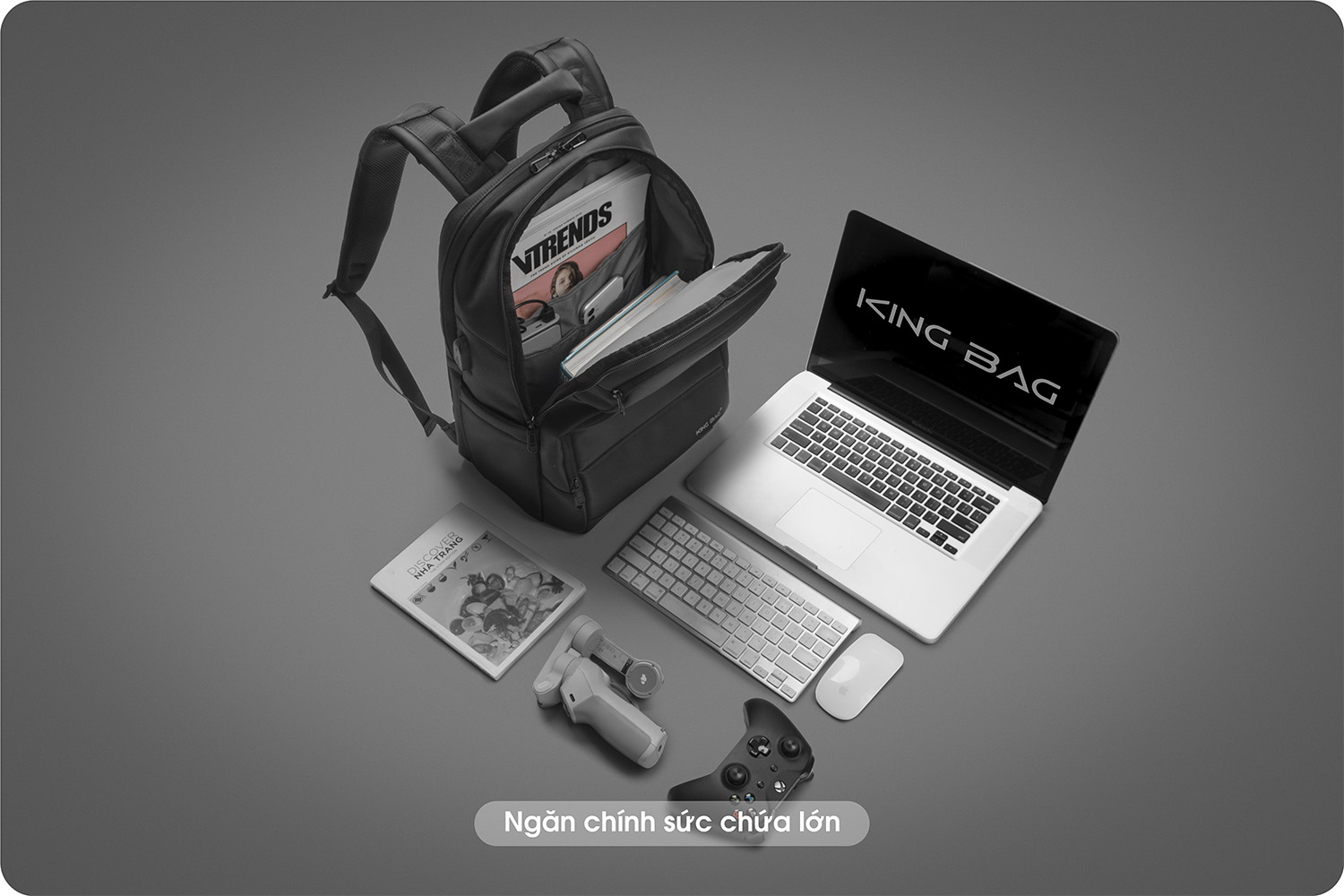 Balo laptop KINGBAG MARCUS 15”, nhiều ngăn sức chứa lớn, tích hợp USB, trượt nước, đai buộc vali, màu đen - Hàng chính hãng