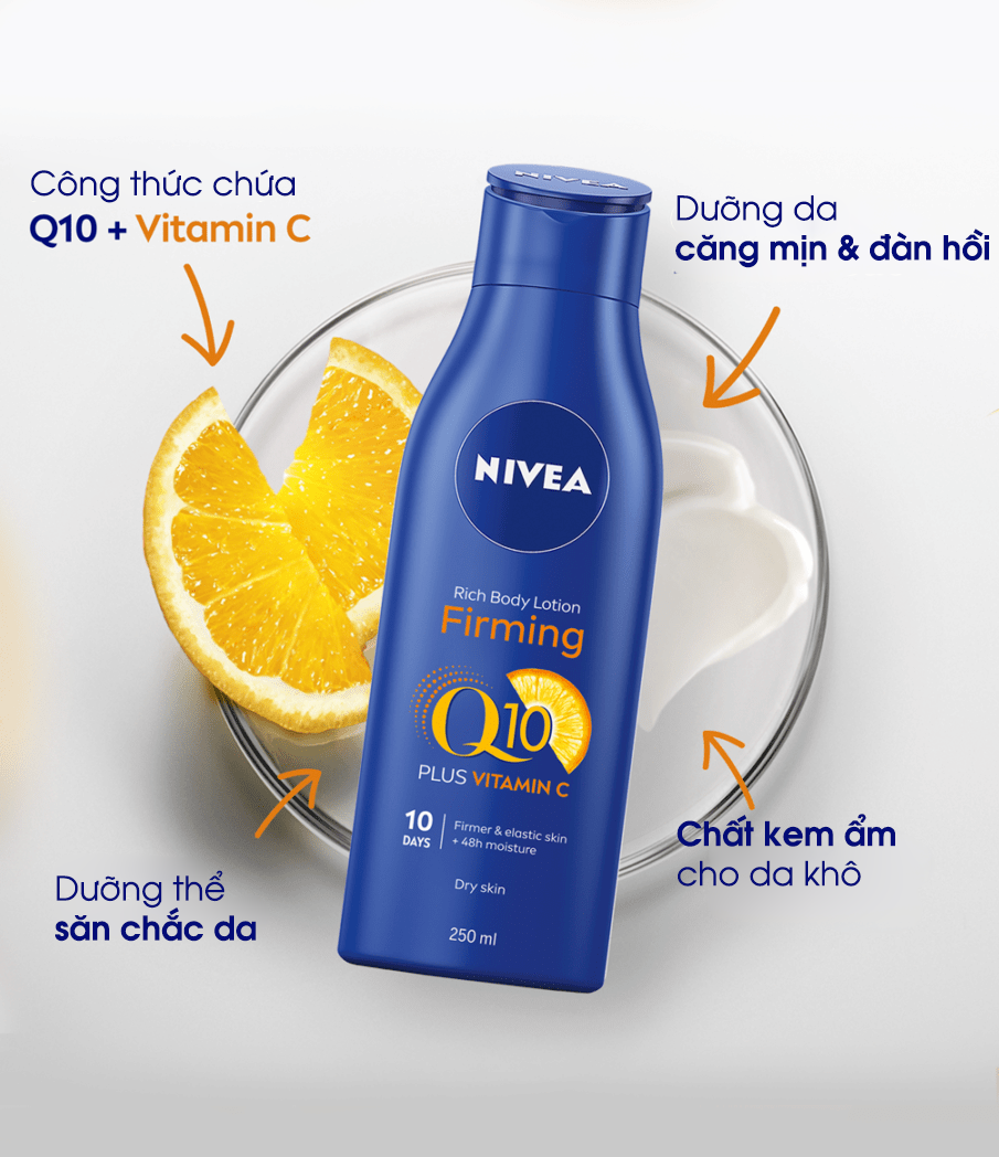 Dưỡng thể trắng da chống lão hoá, da khô Nivea Rich Body Lotion Firming Q10 + Vitamin C - Mẫu mới