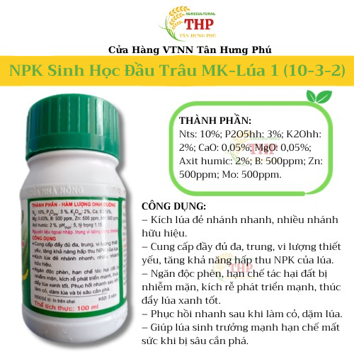 Phân Bón NPK Sinh Học Đầu Trâu MK-Lúa 1 (10-3-2) | Phân bón lúa | Phân Bón lá NPK Sinh Học | chai 100ml