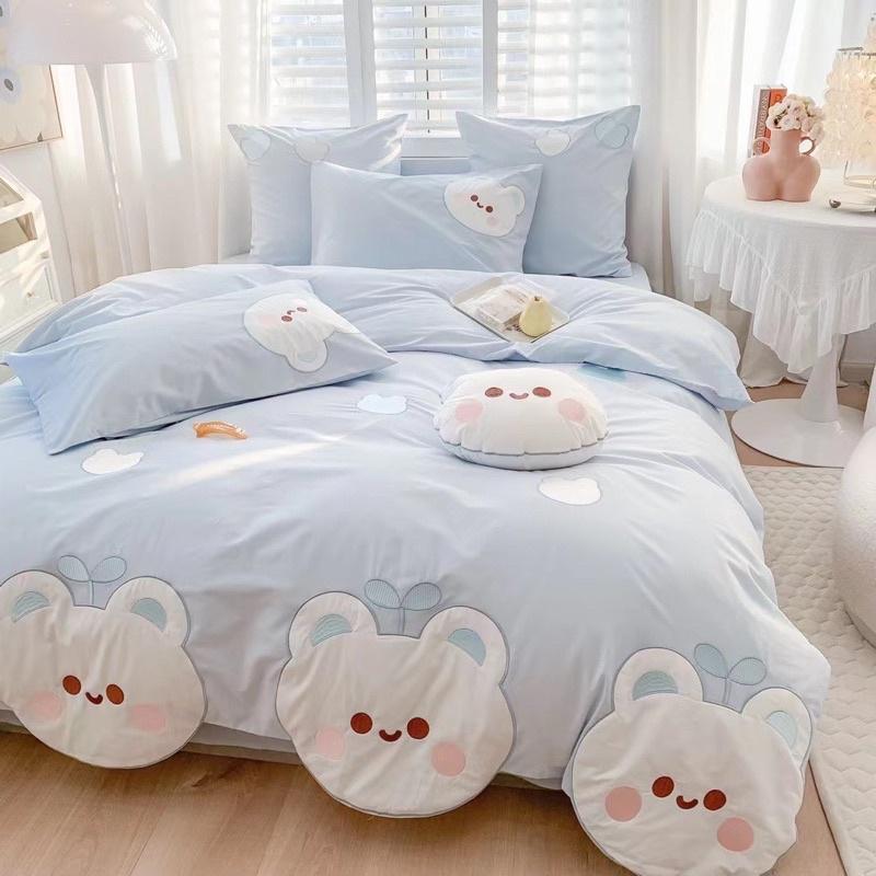 Bộ Chăn Ga Gối Cotton Linen Disney Hàng Nhập Khẩu Cao Cấp 5Món Mẫu Thỏ Xanh
