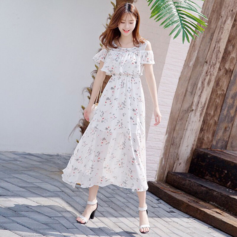 Đầm Đi Biển, Váy Đi Biển, Váy Maxi Đi Biển, Đầm Nữ Maxi Đi Biển, Đầm Hoa Nhí Trắng 2 Tầng Tà Xoè Rộng Phong Cách Trẻ Trung - OQA054 - Ope Store