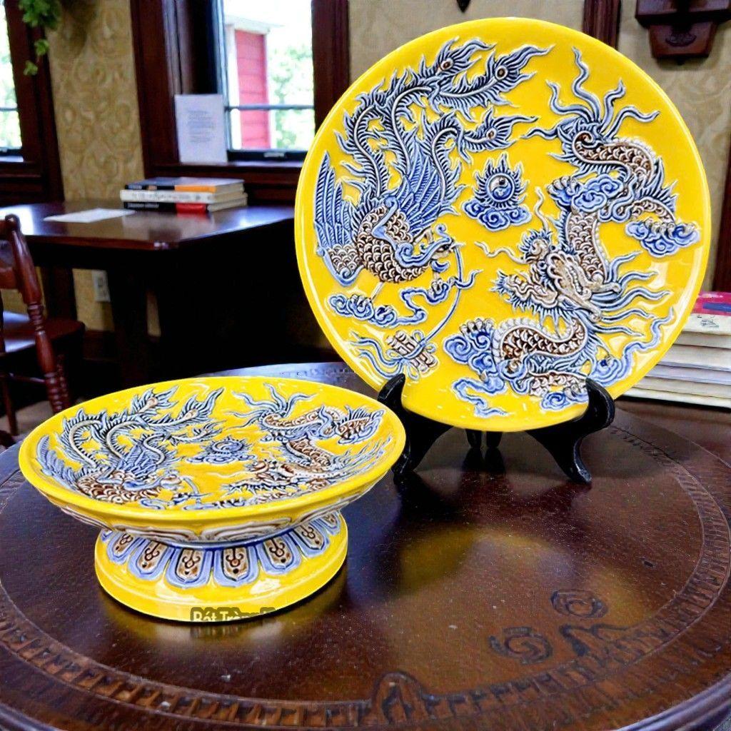 Mâm Bồng Rồng Đắp Nổi Men Vàng RỒNG VIỆT - Mâm Quả Bát Tràng cho Gia Tiên và Thần Tài