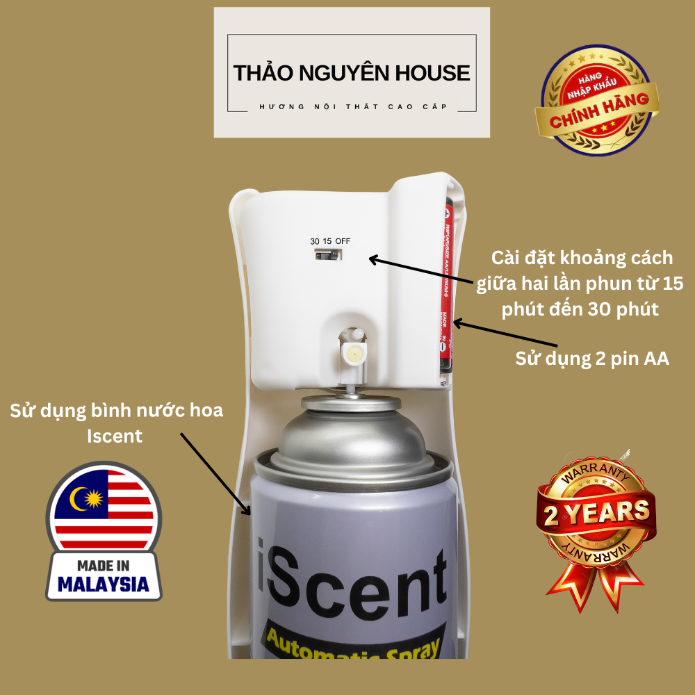 Bộ Máy xịt phòng tự động Iscent AU-08 + Bình xịt phòng Iscent + Pin