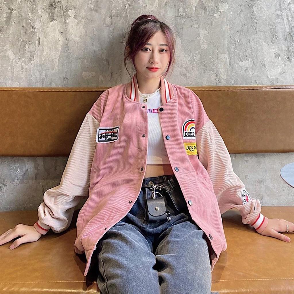 Áo Khoác Nhung THIFU FASHION Nhung Gân Mềm Mịn Tay Phồng Thêu Hình DEEP END Sắc Nét