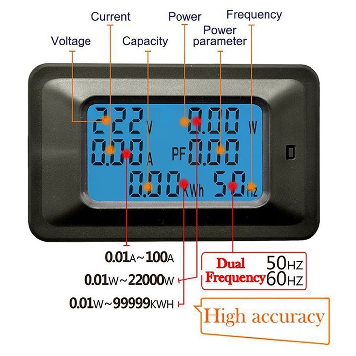 Bộ Công tơ điện tử,Thiết bị đo công suất 100A, đồng hồ điện tử hiển thị 6 thông số 100A