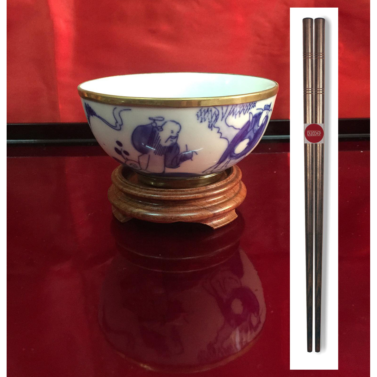 Một bát cơm cúng bịt đồng kèm đế gỗ và một đôi đũa gỗ trắc đũa đẹp đũa sạch