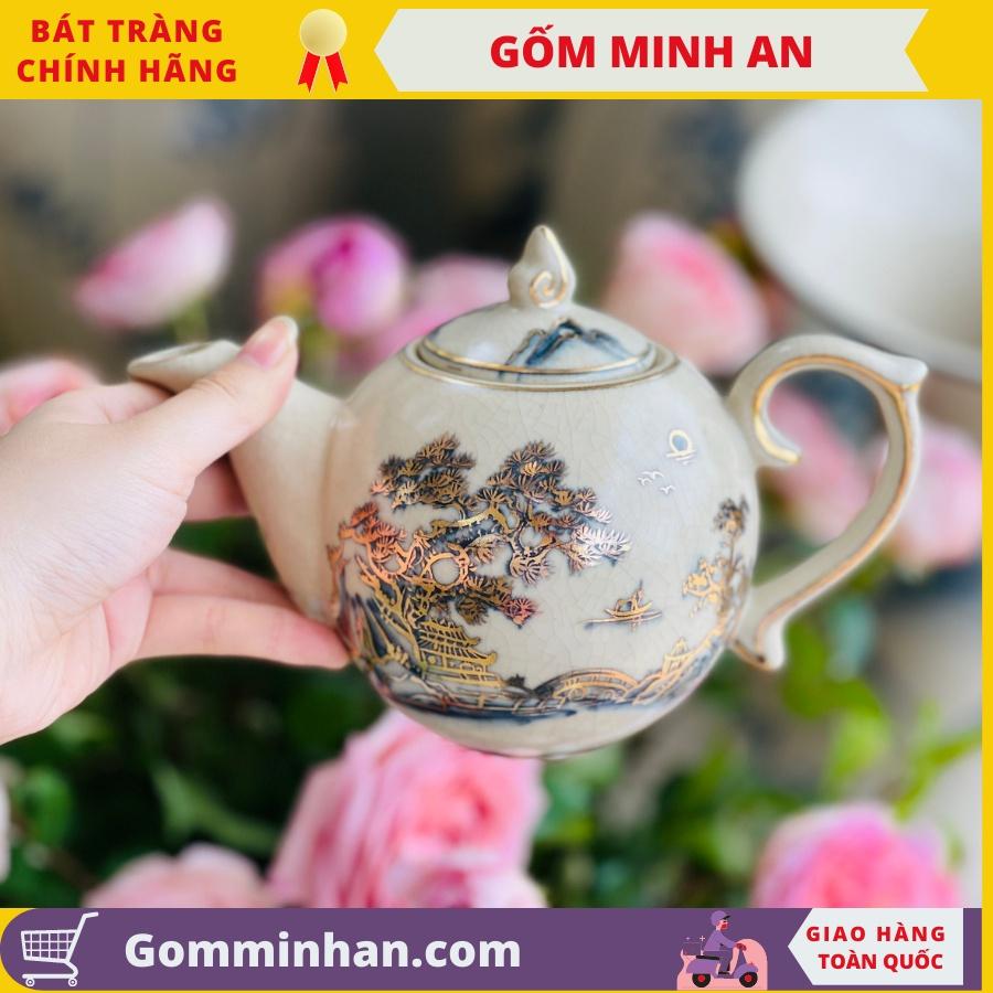 Bộ Ấm Trà Gốm Sứ Giả Cổ Vẽ Vàng Dáng Chóp Lửa Gốm Sứ Bát Tràng- Gốm Minh An- Bộ Ấm Trà Đẹp Sang