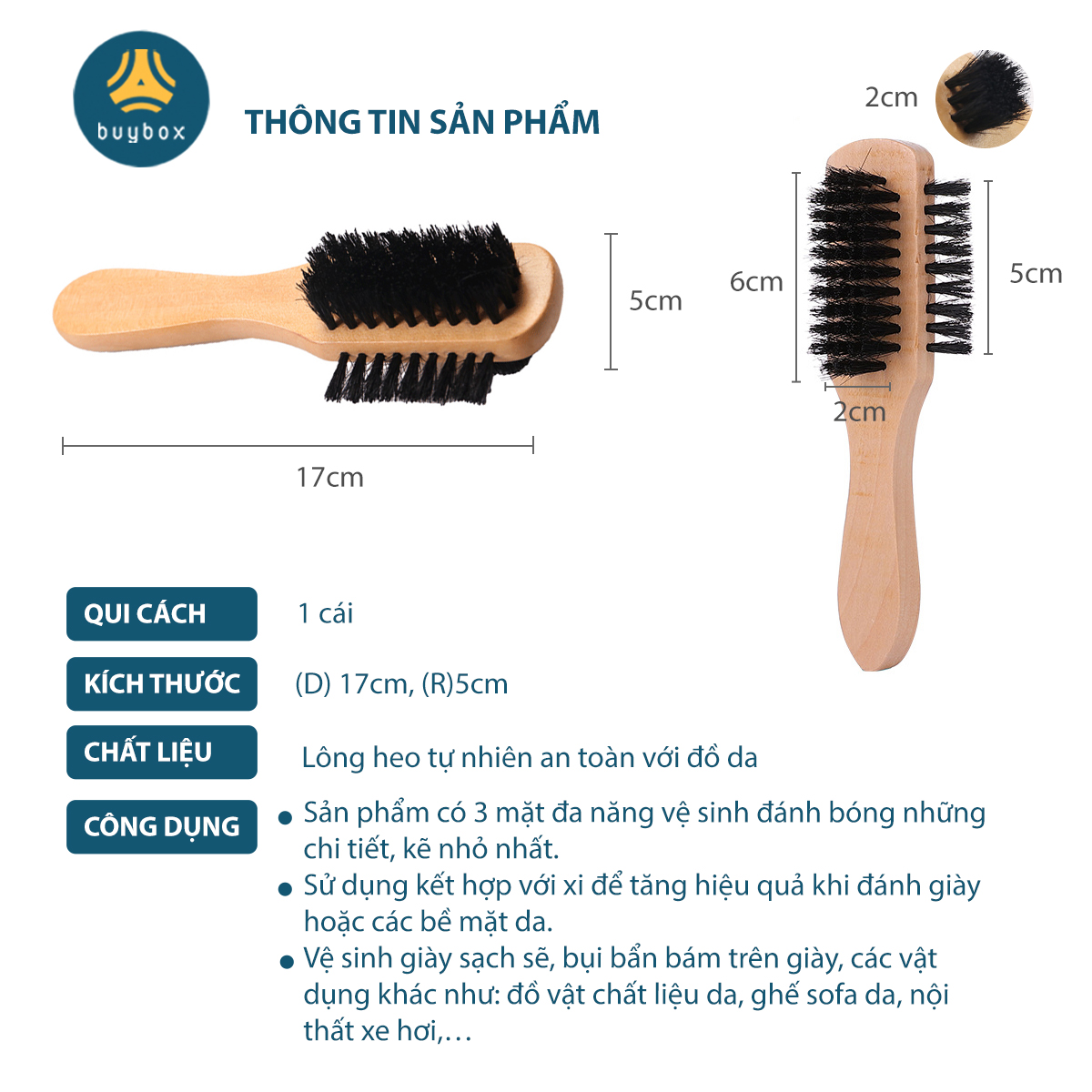 Bàn chải lông heo cán gỗ đang năng chuyên dùng đánh giày - Buybox - BBPK253