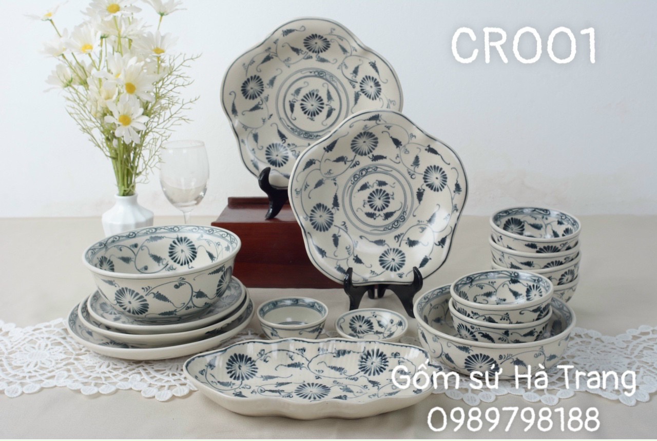 Bộ bát đĩa gốm sứ Bát Tràng cao cấp men rạn vẽ hoạ tiết cúc mã CR001