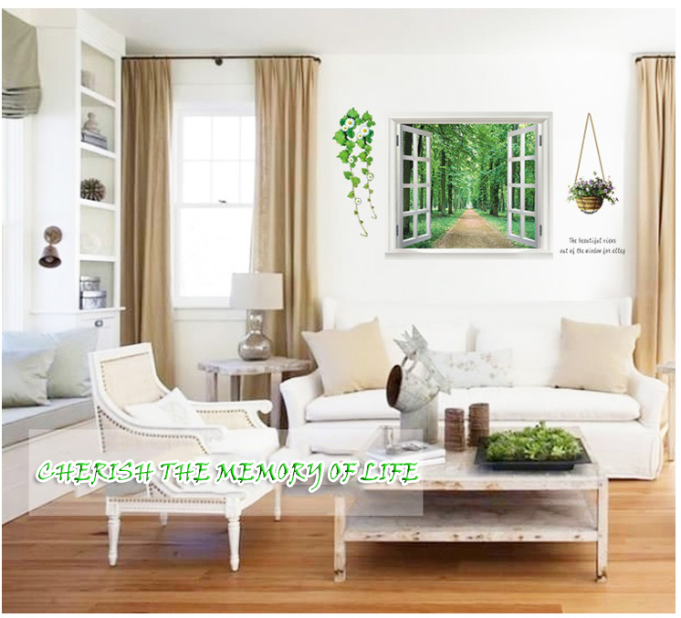 Decal dán tường Cửa sổ con đường xanh  (58 x 103 cm)