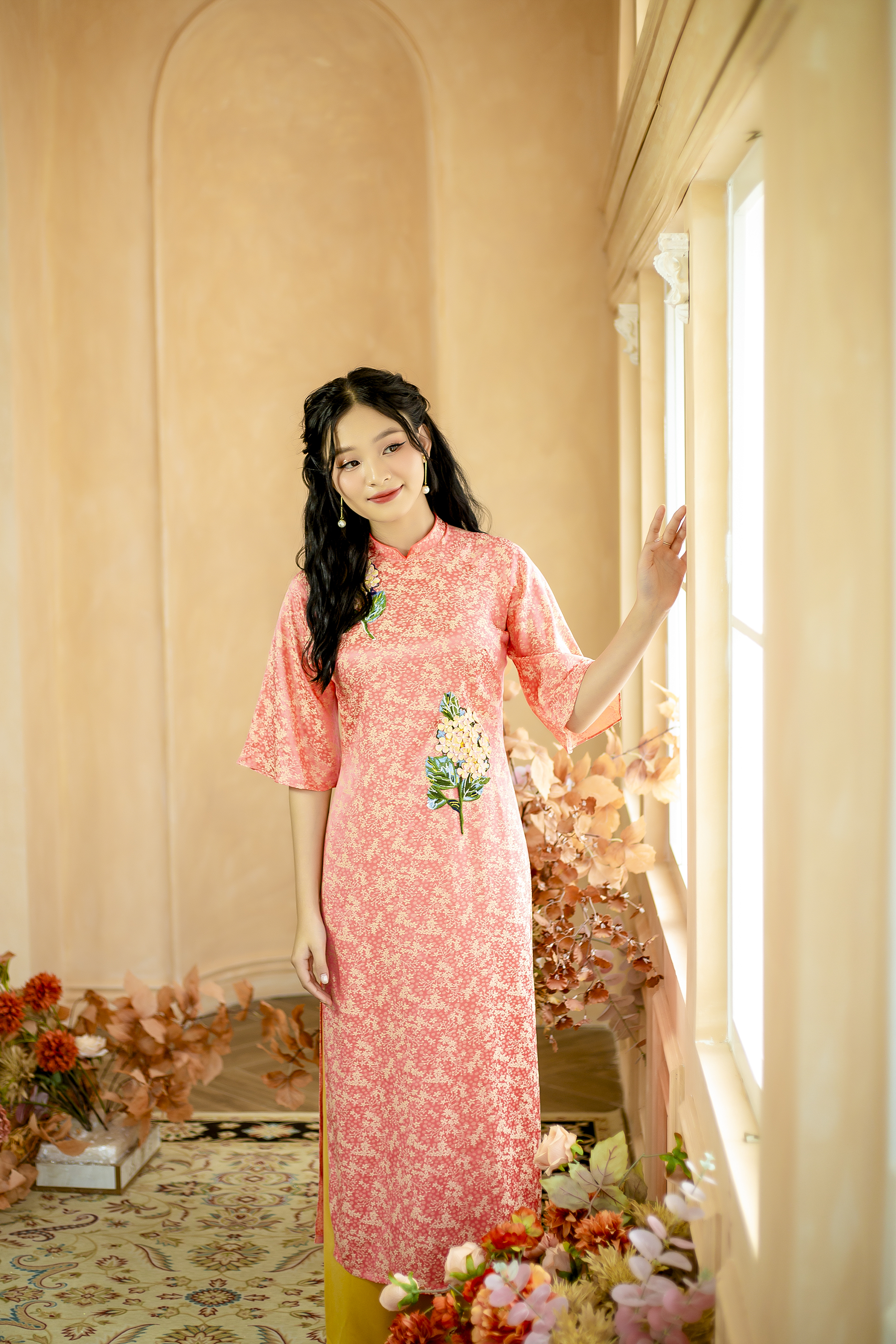 Áo dài cách tân thiết kế lụa cam kết hoa cam ( size M)