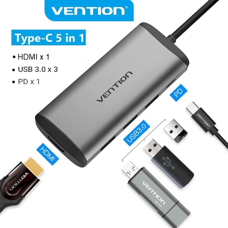 HUB chuyển đổi USB Type-C 5 in 1 Vention - HDMI + USB 3.0*3 + PD ( 87W) - Hàng chính hãng