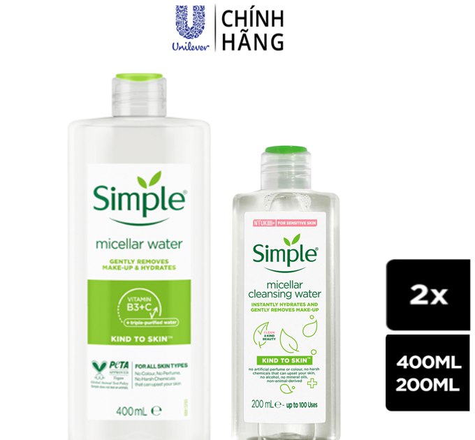 Combo 2 Nước tẩy trang Simple Micellar làm sạch 99% trang điểm, cho da thoáng mịn tức thì 400ml và 200ml