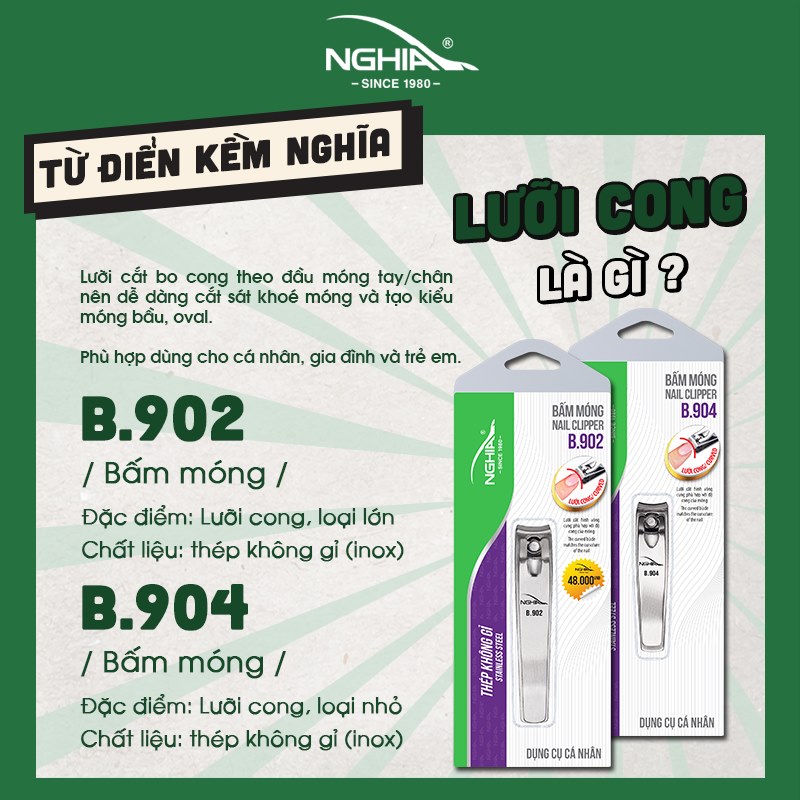 Bấm Móng Tay Chân Thép Không Gỉ KỀM NGHĨA B.904 - Lưỡi Cong