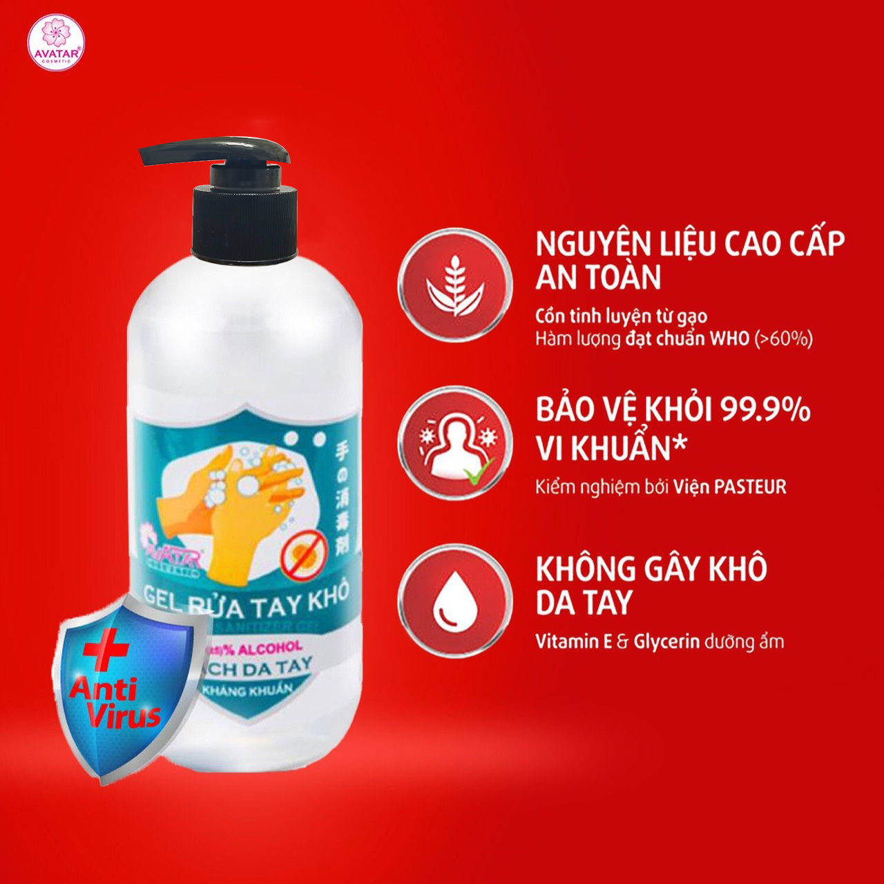 Gel Rửa Tay Diệt Khuẩn Vượt Trội, X3 Dưỡng Ẩm Không Gây Khô Da AVATAR 500ml