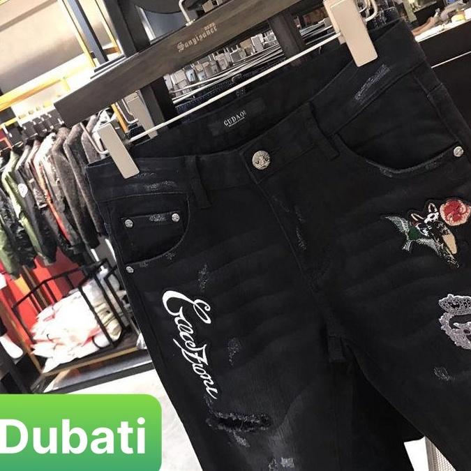 Quần Jeans Nam Chất Bò Đen, Quần Baggy Nam Đen Thêu Hình Mèo Hoa Wash Rách - DB 450- DUBATI FASHION