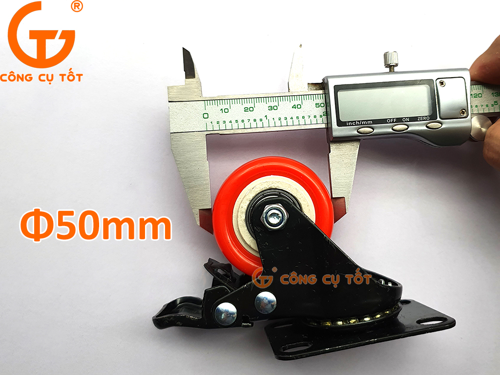 Bánh xe đẩy mặt đế xoay tải trọng 35kg lốp cam trắng rộng 23mm Φ50mm có khóa hãm