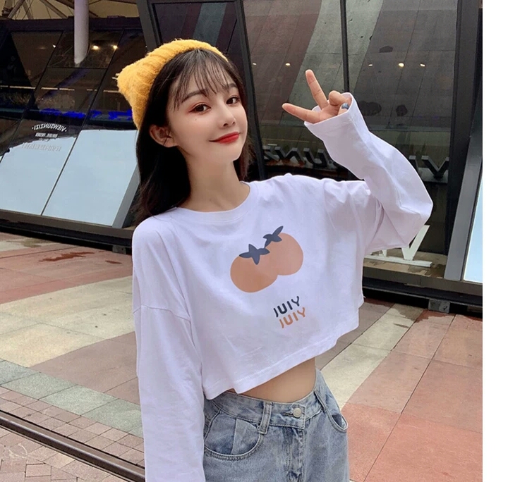 Áo croptop tay dài form rộng in hình cà chua