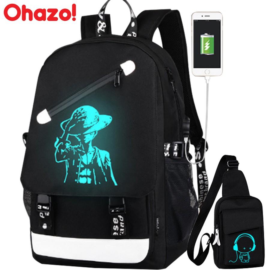 Combo Balo nam nữ đi học hình Luffy phát sáng + Túi đeo chéo hình Boymusic