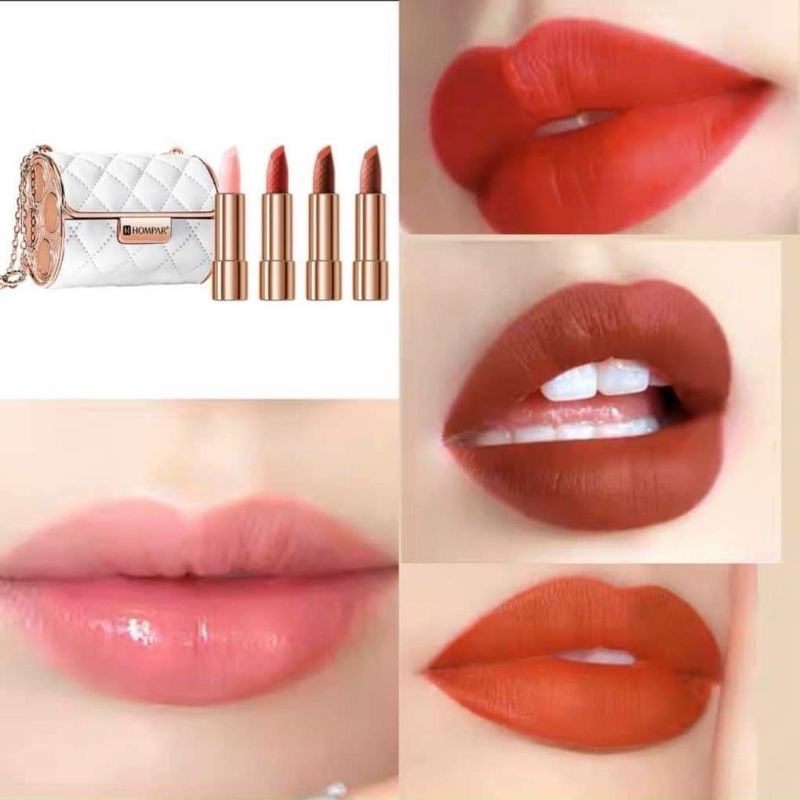 Set 4 cây son 3 màu 1 dưỡng ,kèm túi xách đựng sang trọng ,chất son mềm , lên màu chuẩn , độ bền cao ,cho làn môi mướt mịn, sáng hồng, giảm thâm môi hiệu quả. có thể làm quà tặng siêu xinh