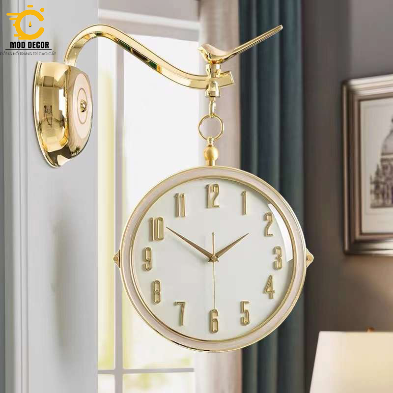 Đồng hồ treo tường 2 mặt Én trắng chất liệu đồng mạ vàng cao cấp 20005-TR