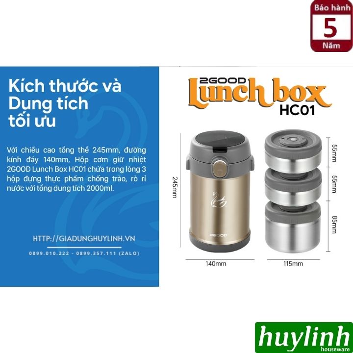 Hộp cơm giữ nhiệt 3 ngăn 2Good HC01 - 2 lít - Tặng túi xách - Hàng chính hãng