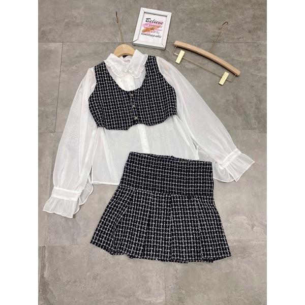Set 3 Món Dạ Tiêu Áo Sơmi Bèo Mix Áo Gile Chân Váy Dạ Có Ảnh Thật Kèm Video ( Hàng Có Sẵn)