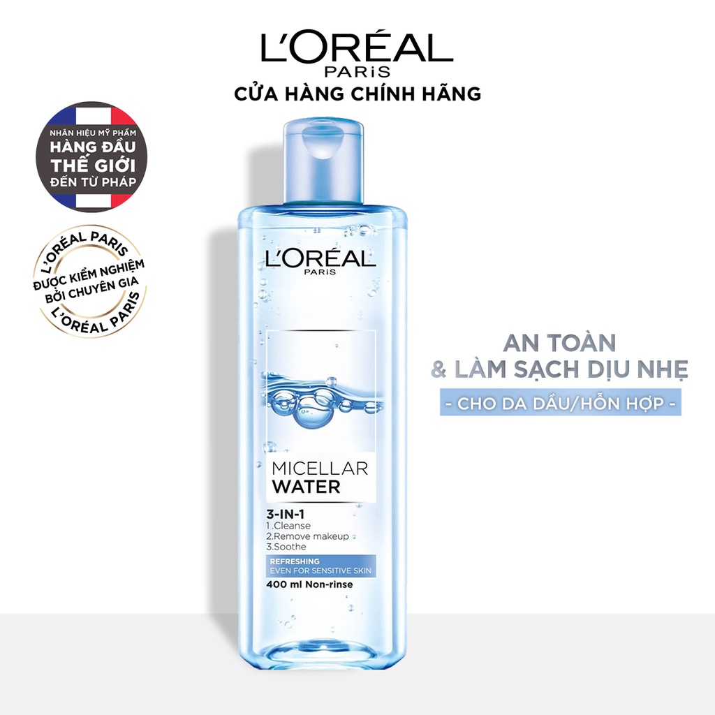 Nước tẩy trang làm sạch, dưỡng ẩm cho mọi loại da L'Oreal 3-in-1 Micellar Water 400ml