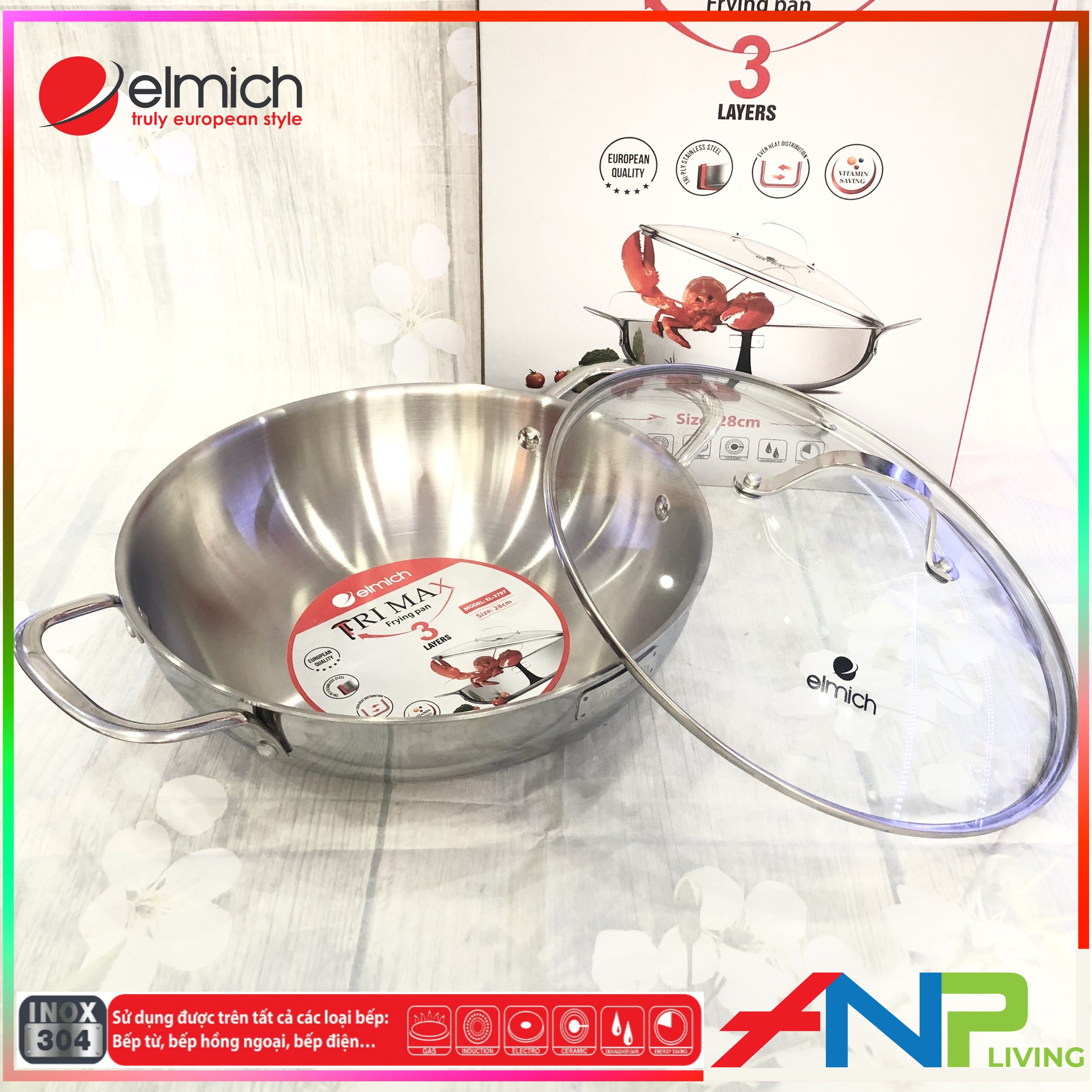 Chảo Xào Kiêm Nồi Lẩu inox cao cấp 3 lớp đáy liền ELMICH TRI-MAX - Hàng Chính Hãng