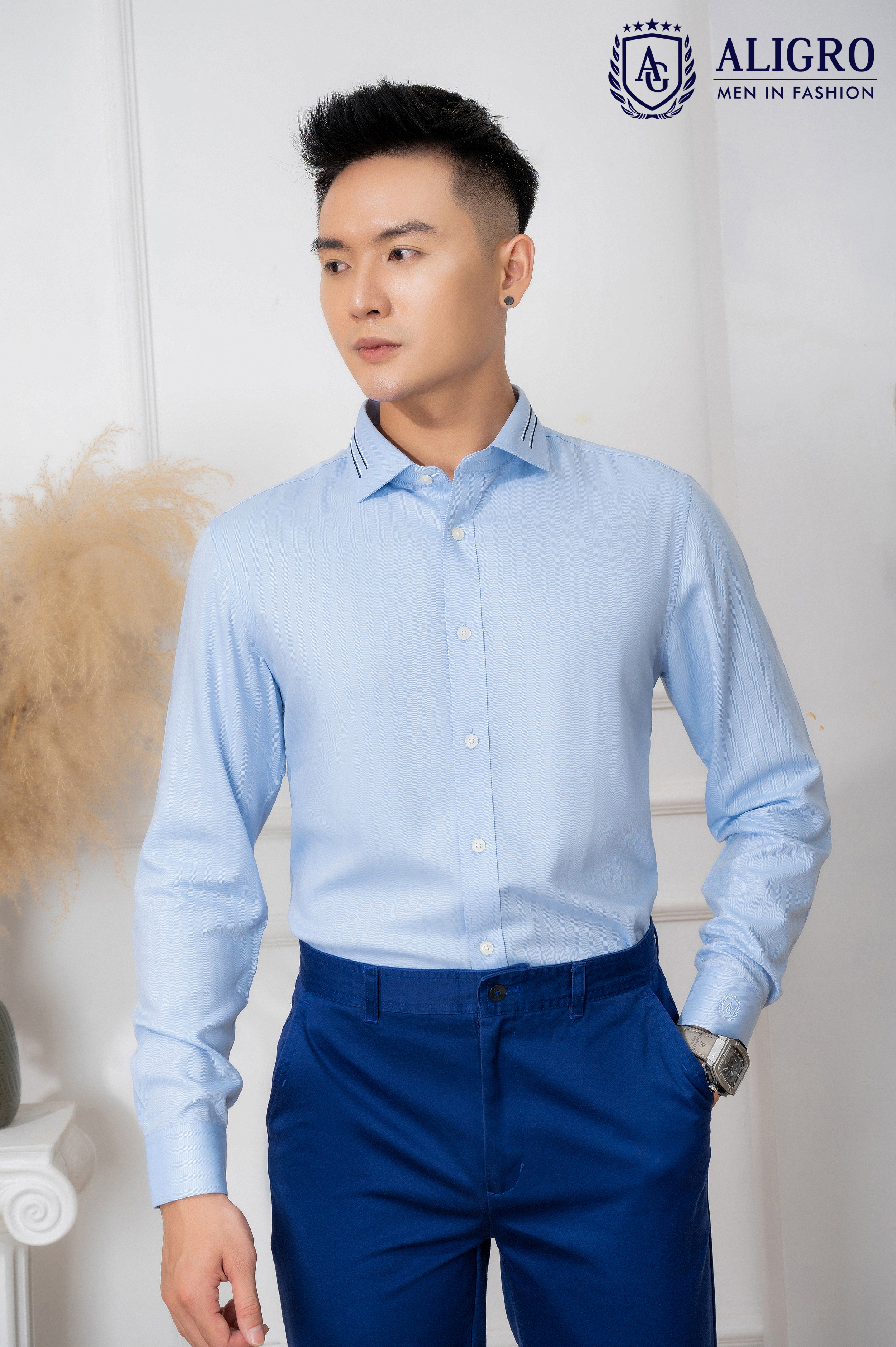 Áo sơ mi nam dài tay ALIGRO 100% chất bamboo Màu Xanh phối cổ bẻ dáng ôm body ALGS214
