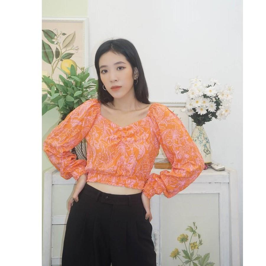 OLALASTUDIO Áo croptop hoa cam tay dài Edena Top