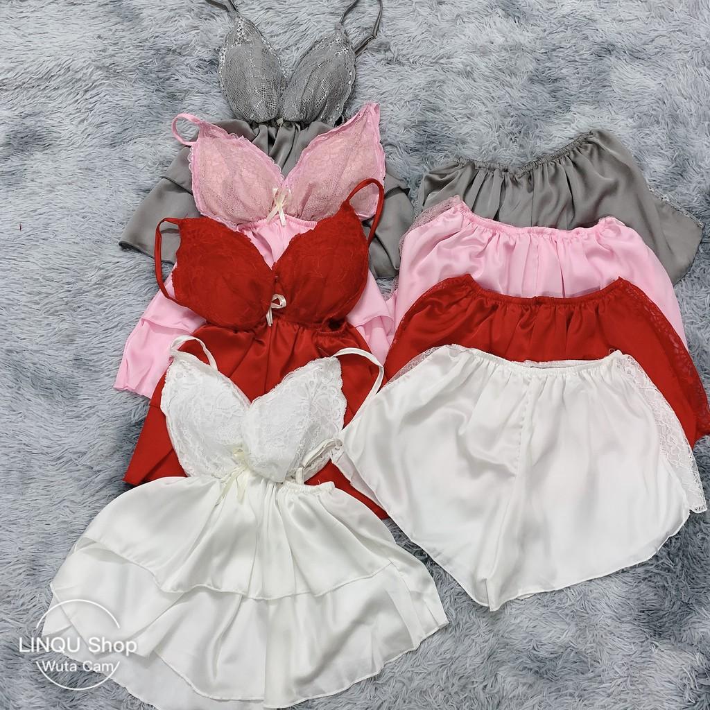 Đồ ngủ sexy 2 dây chất satin phối ren áo tầng mặc ngủ gợi cảm có mút ngực