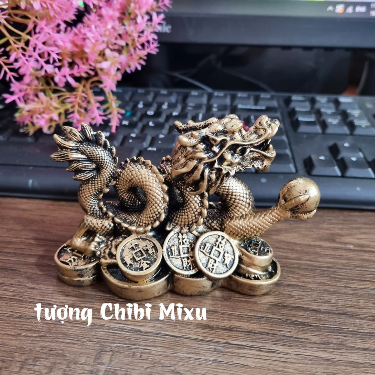 Tượng Rồng cuộn cầm ngọc sơn giả đồng, Rồng nhả ngọc phong thủy 11cm, Tượng đá trang trí Rồng phong thủy Giàu có Quà tặng Đồ trang trí