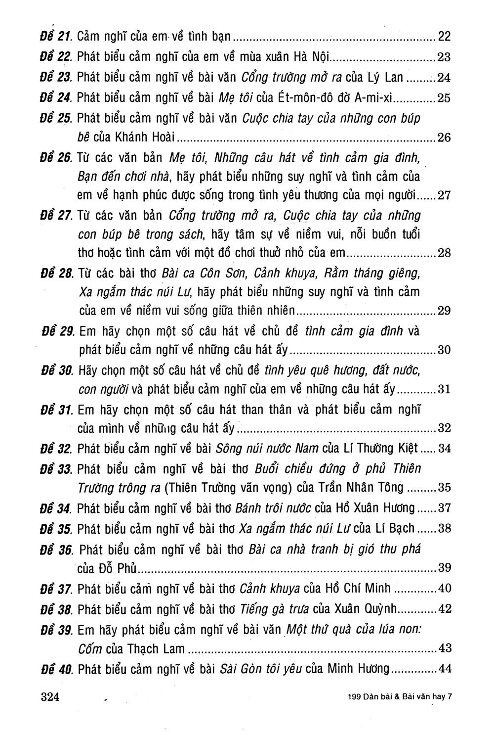 199 Dàn Bài Và Bài Văn Hay Lớp 7 - Tái Bản