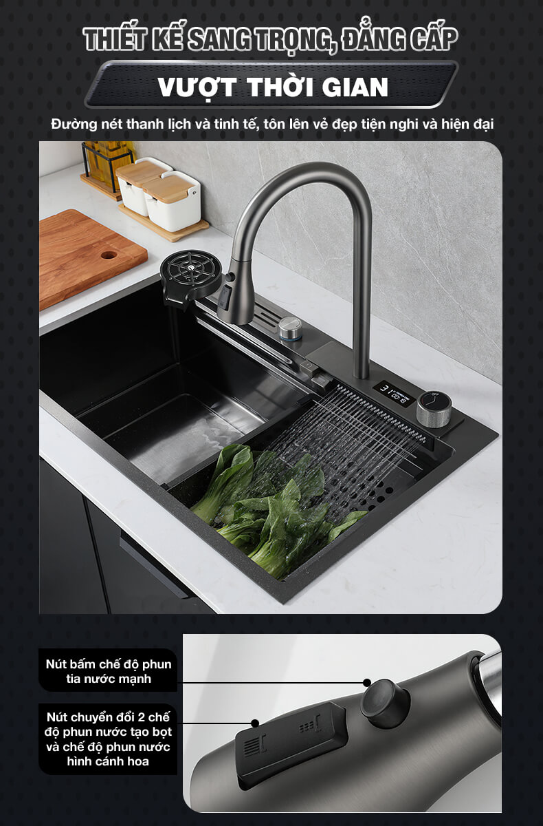 Chậu rửa bát thác nước 1 hố kèm vòi đa chế độ dòng chảy nước kèm bộ phụ kiện inox 304 cao cấp