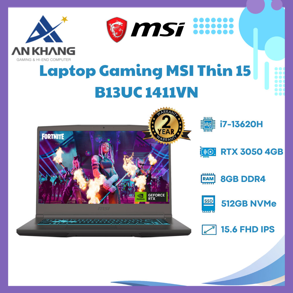 Laptop MSI Thin 15 B13UC-1411VN (Intel Core i7-13620H | 8GB | 512GB | RTX 3050 4GB | 15.6 inch FHD 144Hz | Win 11 | Xám) - Hàng Chính Hãng - Bảo Hành 24 Tháng