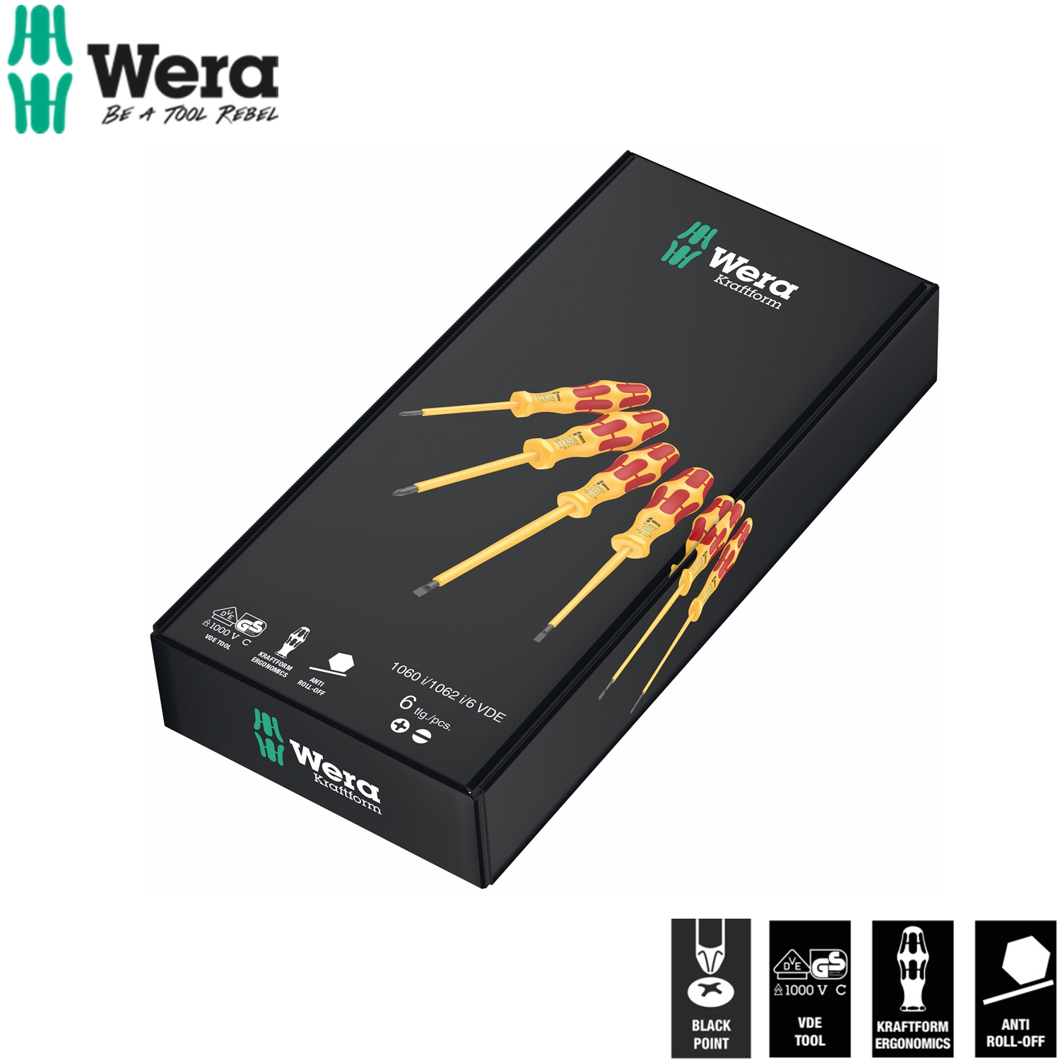 Bộ tua vít cách điện Wera 05051575001 1060 i/1062 i/6 Kraftform VDE screwdriver set gồm 6 cái