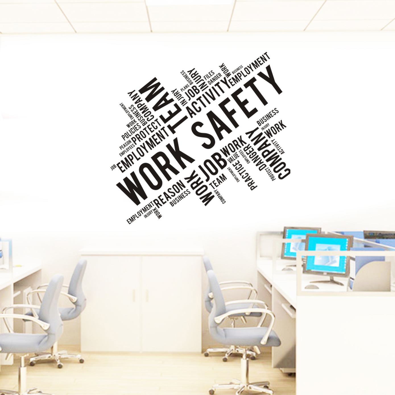 Decal dán tường Work Safety trang trí văn phòng, phòng làm việc với thông điệp hay AmyShop (54 x 56 cm)