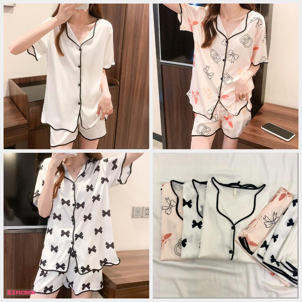 Pijama- Đồ Bộ Ngủ Cộc Vải Lụa Cao Cấp Viền Đen Họa Tiết CCLP10