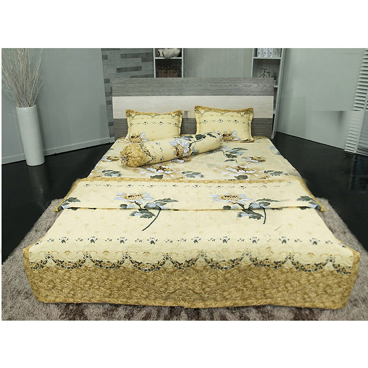 Chăn Hè Hoa Lá Hàn Quốc Siêu Nhẹ Chất Liệu Cotton Poly Thấm Hút Mồ Hôi Thoáng Mát, Mền Chần Bông 3 Lớp Mẫu Cúc Vàng