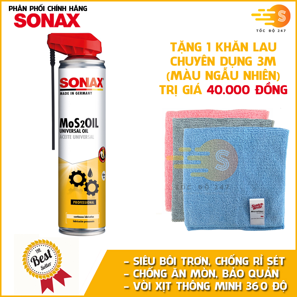 Chai xịt dầu bảo vệ chống rỉ sét và bảo quản MoS2Oil Sonax 339400 400ml - tặng 1 khăn 3M màu ngẫu nhiên - Vòi xịt thông minh 360 độ, chống ăn mòn, hòa tan rỉ, bôi trơn, không chứa silicone