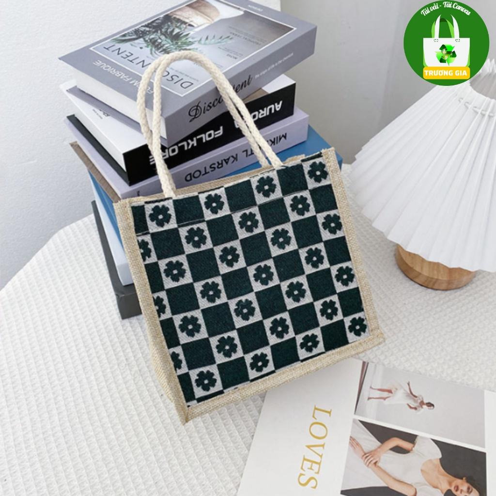 Túi Vải Cói, Vải Đay Vải Bố Túi xách nữ Khóa kéo Họa Tiết Caro Hoa thời trang Lucky Strar Trương Gia 12